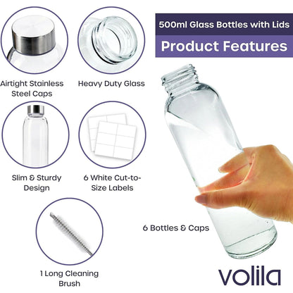 Glass Bottles with Lids - 6 Pack 500ml Leakproof, Reusable Glass Drinking Bottle for Water, Juice, Milk and Smoothie - with Airtight Metal Lids, Cleaning Brush and White Labels