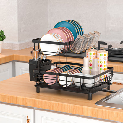 Dish Drainers, Large Dish Drying Rack, Double Layer Dish Rack For Kitchen Counter With Drainage Plate, Dish Rack With Tableware Rack And Cup Holder