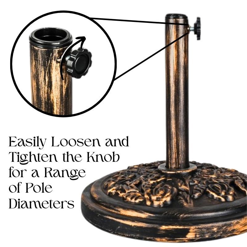 9kg Round Parasol Base Bronze Cast Iron Effect Umbrella Stand, Outdoor Heavy Duty Weight Support with Adjustable Collars & Tightening Knob for Garden, Patio, Lawn & Terrace Furniture, Floral Design, Bronze