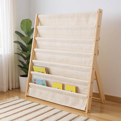 7-Tier Fabric Bookshelf with Deep Pockets, Wood Frame Standing Book Rack, Space-Saving Display Storage for Books, Magazines & Albums, Home and Office Organiser