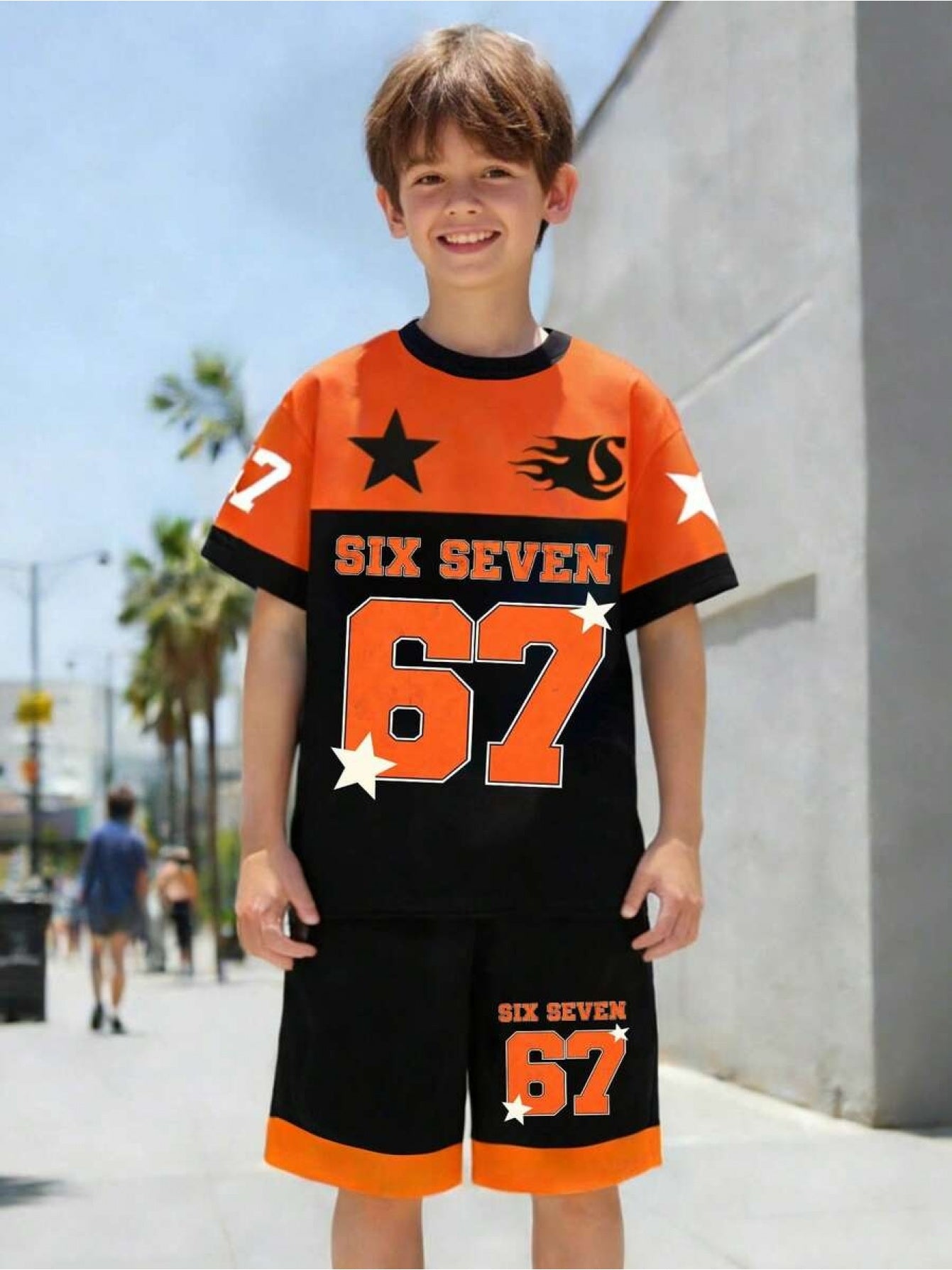 2pcs/Set Boys' Casual Stylish Creative Graphic Number 67 Cartoon Print Short Sleeve T-Shirt And Shorts Set, Comfortable Daily Wear for Spring, Summer & Autumn, for Outdoor