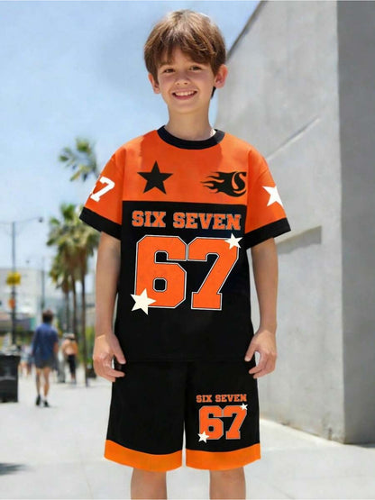 2pcs/Set Boys' Casual Stylish Creative Graphic Number 67 Cartoon Print Short Sleeve T-Shirt And Shorts Set, Comfortable Daily Wear for Spring, Summer & Autumn, for Outdoor