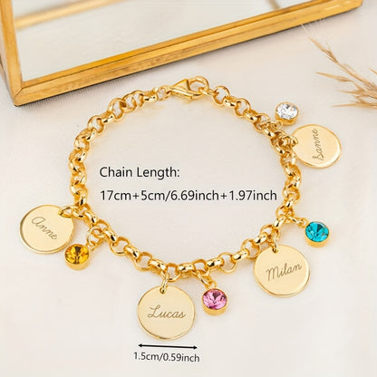 Self-Defined 1-6 Family Name and Birthstone Women's Fashion Bracelet, Personalized Custom Initial Letter and Birth Month Stone Women's Bracelet, 18K Gold Plated Golden-Plated 304L Stainless Steel Durable Material, Accessory Suitable for Daily Casual