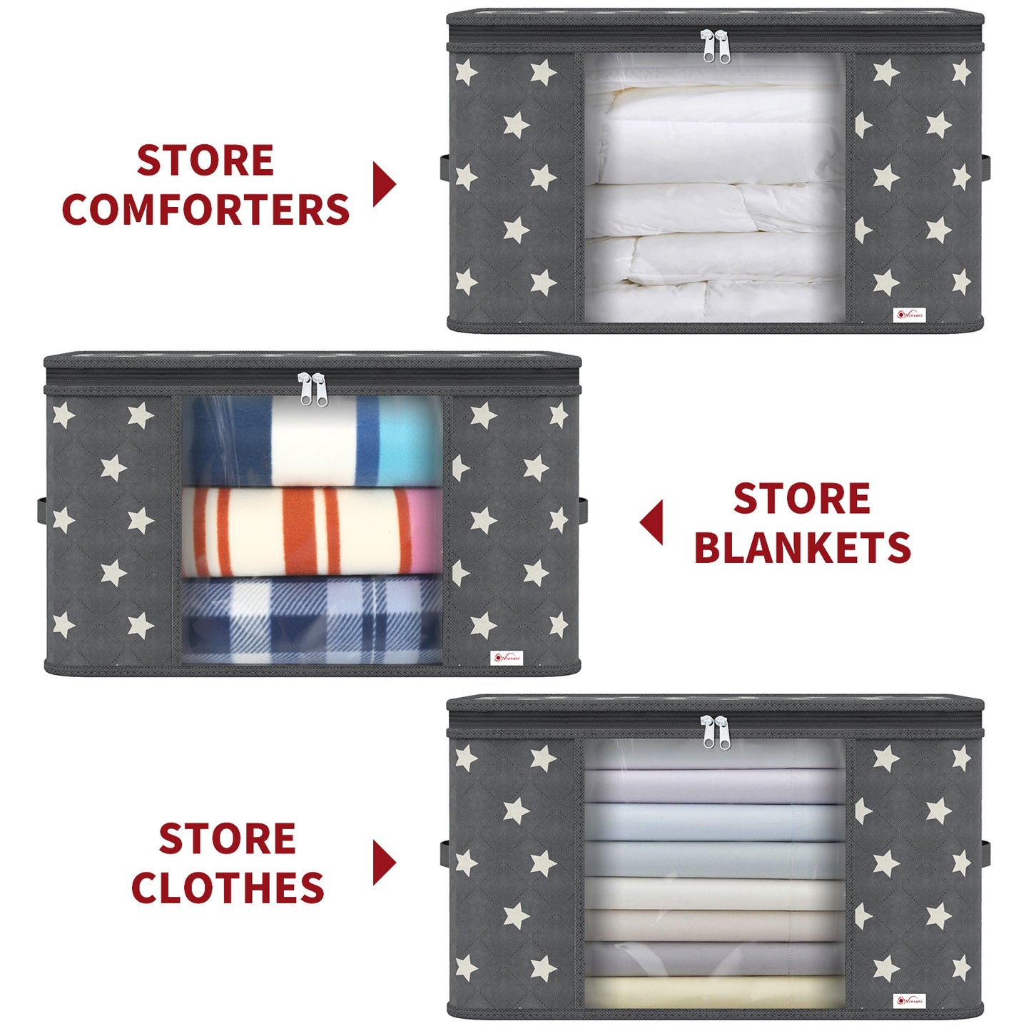 Vinsani 3pcs Deluxe Clothes Storage Bags Organizer Large Capacity Double Zipper, Moisture-Proof Big Clear Windows Perfect Space for Clothes, Beddings, Blankets and Duvet