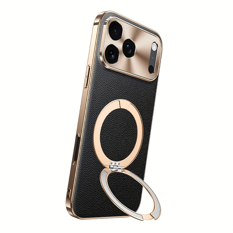 Phone Case - High-Quality Togo Real Leather Phone Case with Electroplating for Iphone 17, 16, And 15 Pro Max, Featuring Wireless Charging And a Magnetic Stand