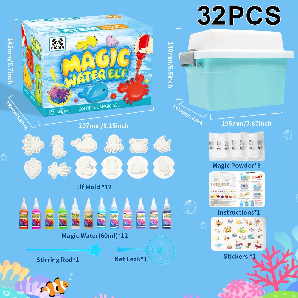 Magic Water Elf DIY Craft Kit 32 Piece - 12 Colours, 12 Moulds & Storage Box | STEM Sensory Art Toy for Boys & Girls | Creative Birthday Gift