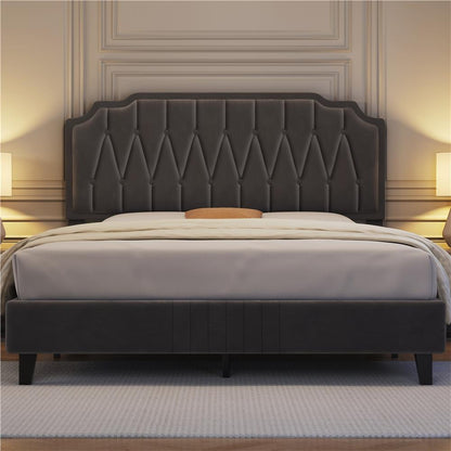 Costoffs Double/King Bed Frame Upholstered Platform Bed with Adjustable Button Tufted Headboard/Velvet Fabric/Mattress Foundation/Sturdy Wooden Slat Support, No Box Spring Needed, Black/Beige/Dark Grey/Light Grey