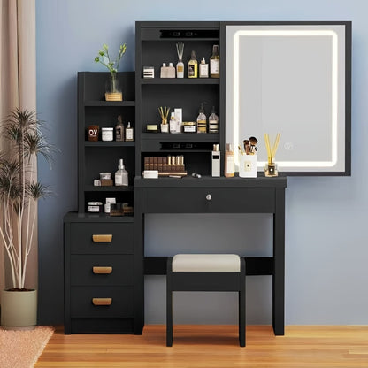 Vanity Table with Sliding Mirror LED Lights & Stool 4 Drawers 6 Hidden Shelves Dimmable 3-Colour Lighting Makeup Desk Bedroom Dressing Table White Black MDF