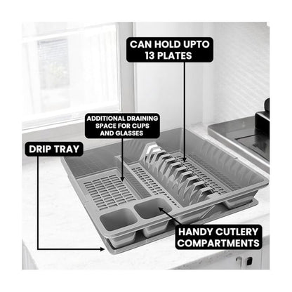 STL Plastic Dish Drainer with Anti-Drip Tray, Capacity for 13 Plates, 5 Color Options, Food Grade, BPA Free, Kitchen Organizer (Grey)