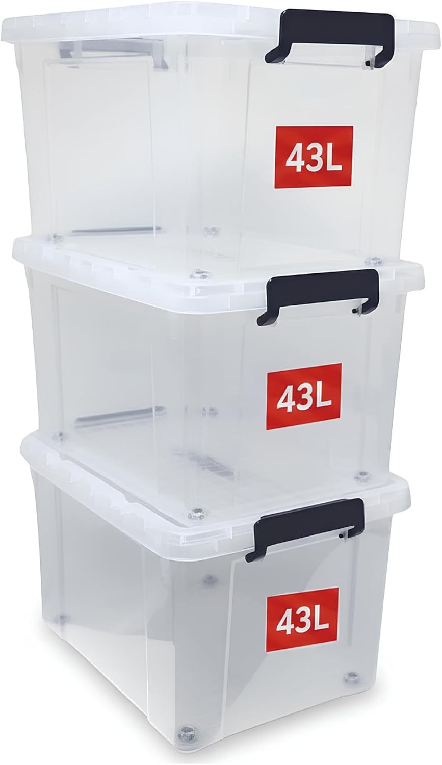 3‑Pack Clear 43L Storage Boxes with Lids & Wheels – Stackable Plastic Containers with Secure Clips and Integrated Handles for Home, Bedroom, Office & Kitchen Organisation