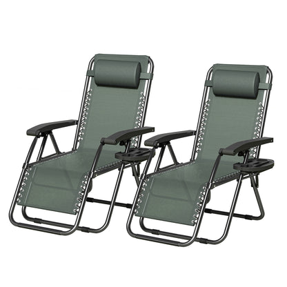 2pcs Zero Gravity Chairs, Fabric Foldable Patio Chairs Outdoor, Lounge Camping Chairs with Padded Pillow, Armrest, Footrest and Cup Holder - Textilene Fabric