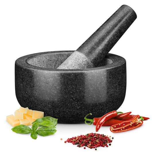 H&S Pestle and Mortar Set Premium Solid Granite Stone Large Black - 16cm (6.3in) Diameter