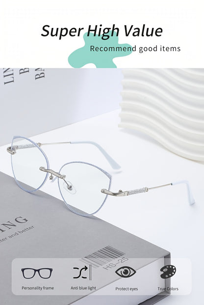 Fashion Cat Eye Frameless Light Sensitive Color Changing Women'S Model with Embedded Sequins Metal Frame Cat Eye Blue Light Transparent Lens Glasses