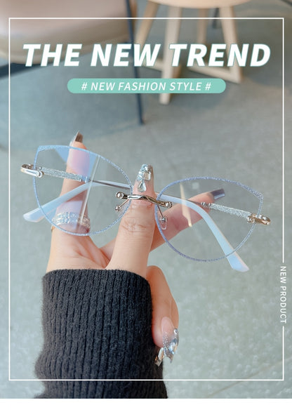 Fashion Cat Eye Frameless Light Sensitive Color Changing Women'S Model with Embedded Sequins Metal Frame Cat Eye Blue Light Transparent Lens Glasses