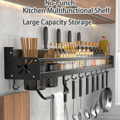 1pcs Heavy-Duty Aluminum Wall-Mounted Kitchen Storage Shelf with Spice Rack - No Drilling Required, Includes Utensil Holder, Chopstick Rest, Knife Block, Dual Cups, and Storage Box-Kitchen Countertop Organizer、 Christmas Dinner Prep Station.