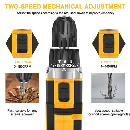 Cordless Combi Hammer Impact Drill Driver Electric Screwdriver & 2 Battery Electric Screwdriver Set 25+3 Clutch, Handheld Cordless Hammer Drill, 29 PCS Drill Bits, LED Light for Home and Garden DIY Project