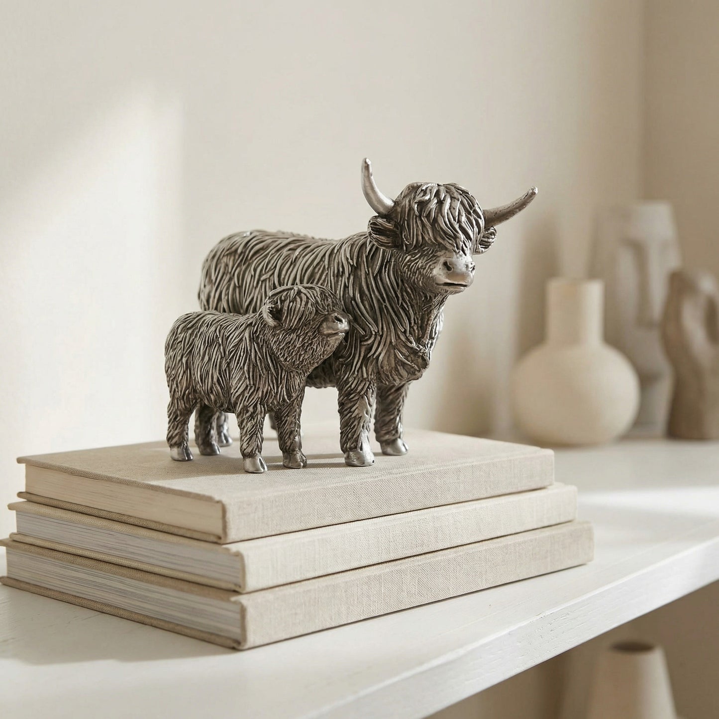 Silver Highland Cow & Calf Statue Ornament Sculpture – Resin Farm Animal Figurine, Country Rustic Home Decor Shelf Display Gift for Family, Mum, Grandma