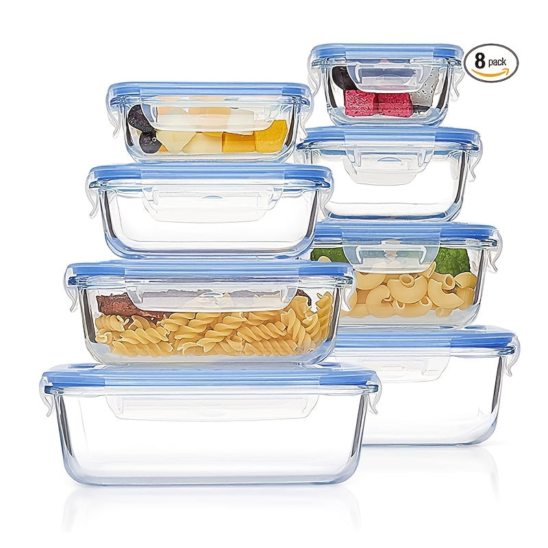 8pcs Glass Storage Container Set with Lids, Stackable, Leak-Proof Snap-Lock Seal, a Great Helper for Kitchen Storage, Suitable for Ovens, Microwaves, Refrigerators, And Dishwashers