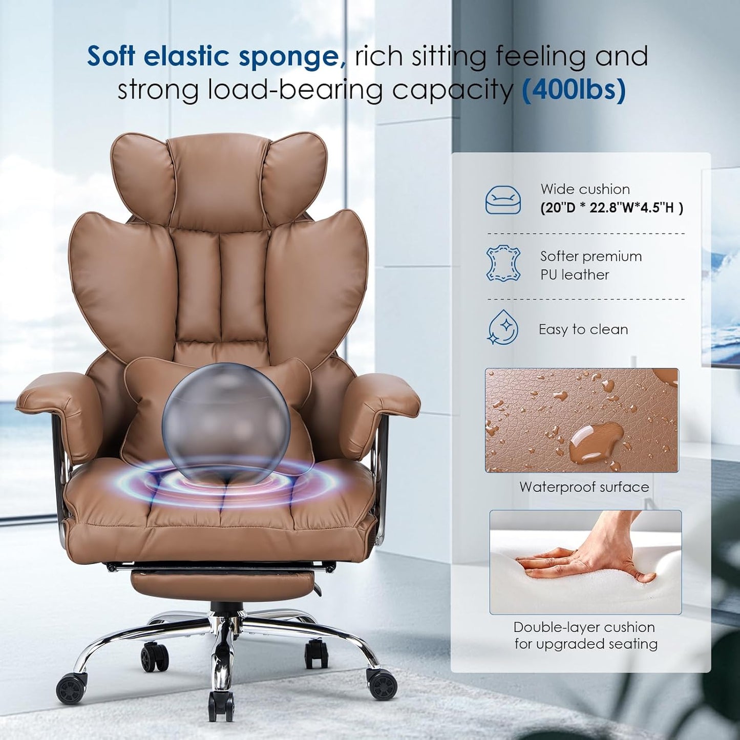 GartistGo Executive Office Chair Desk Chair, PU Computer Recliner, Ergonomic Office Chair with Footrest, Heavy Duty Leather Office Chairs for Home Office, High Back Swivel Chair