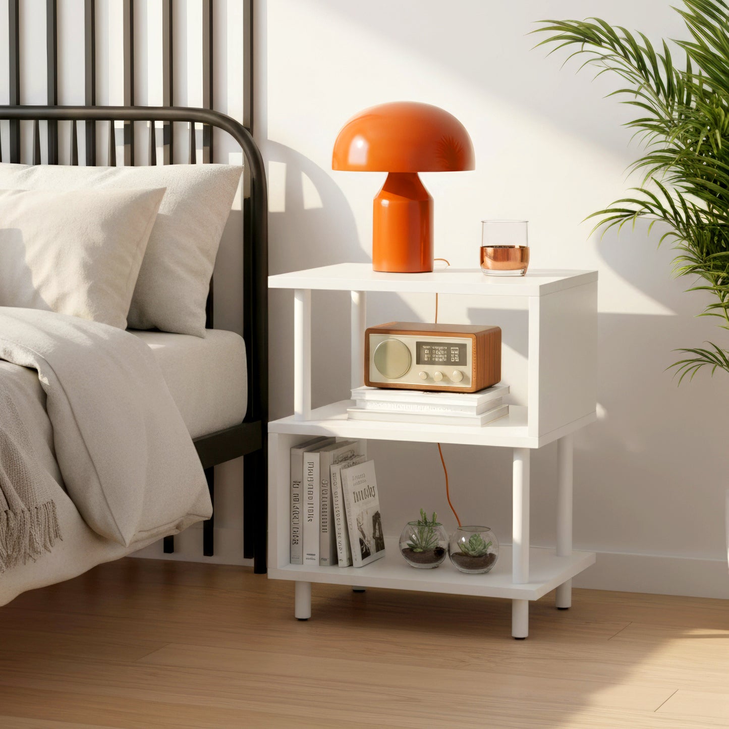 Modern Side Table with Storage - Small End Table/Nightstand, Assembly, -Shaped & Particleboard, Bedside Table for Bedroom/Living Room