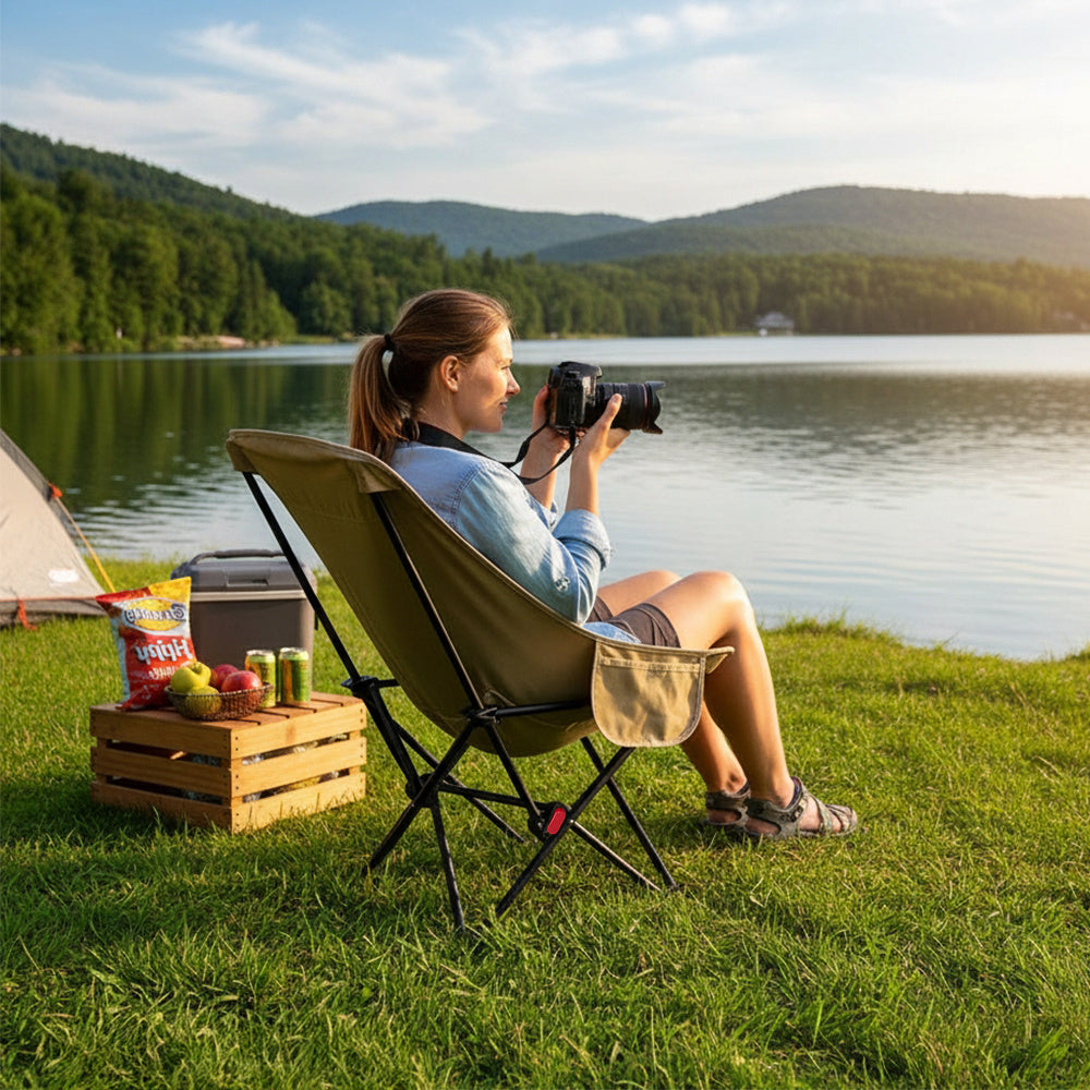 Portable High-Back Moon Chair (Three-Position Adjustment) Seat or Recline, Side Storage Pocket,Foldable Outdoor Chair Camping Picnic Lounger, Midday Rest Fishing Chair, Garden Seat Three Colours Available (Complimentary Storage Bag)