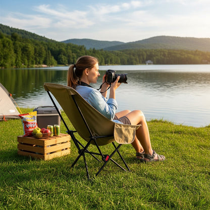Portable High-Back Moon Chair (Three-Position Adjustment) Seat or Recline, Side Storage Pocket,Foldable Outdoor Chair Camping Picnic Lounger, Midday Rest Fishing Chair, Garden Seat Three Colours Available (Complimentary Storage Bag)