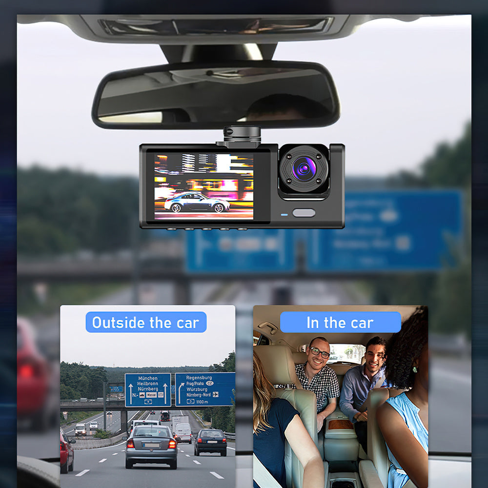 Dash Cam Recorder 1080P 3 Lens Dash Cam for Cars - Front, Inside & Rear View with IR Night Vision, Loop Recording, Wide Angle Lens, and 5.08 Cm IPS Display, Universal Fit, Car Plug, Smartphone Compatible