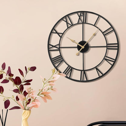 Large Wall Clock Metal Vintage Large Black Wall Clock Round Silent Skeleton Roman Numerals Hanging Clock Battery Wall Clock for Living Room Bedroom Kitchen Hotel Office Black
