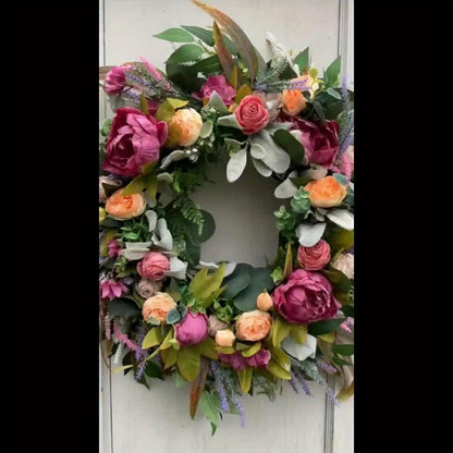 Luxurious Artificial Peony Rose Garland Wreath with Foliage - Blooming Peonies & Roses Suitable for Farmhouse, Wedding, Front Door Hanging, Spring Summer Decor, Plastic Flower Vine for Home Office Decoration