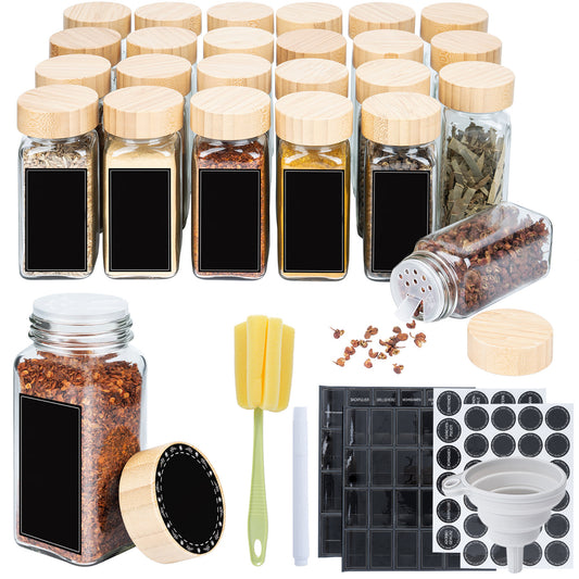 Glass Spice Jars with Lids 120ml Square Seasoning Jars Spice Bottles Spice Containers Spices Storage Airtight, Inclued Black Lables, Marker Pen, Funnel & Cleaning Brush, 3 Types of Lid, Pack of 12/ 24