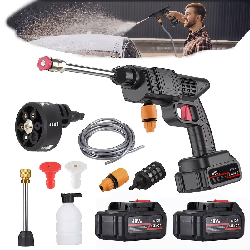 Portable Cordless High Pressure Car Washer Gun with 2 Batteries/Quick Connect 6-In-1 Nozzle, Stainless Steel Handheld Pressure Car Washing Gun Cleaning Kit for Car, Home, Garden Floor, Patio