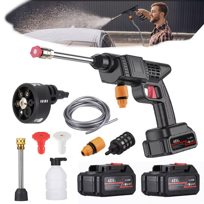 Portable Cordless High Pressure Car Washer Gun with 2 Batteries/Quick Connect 6-In-1 Nozzle, Stainless Steel Handheld Pressure Car Washing Gun Cleaning Kit for Car, Home, Garden Floor, Patio