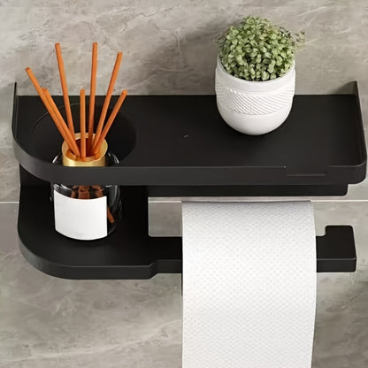 Wall-Mounted Toilet Paper Holder With Storage Shelf, No Drill Adhesive Installation, Bathroom Organizer - Space-Saving Tissue Roll Dispenser For Home Or Hotel Use