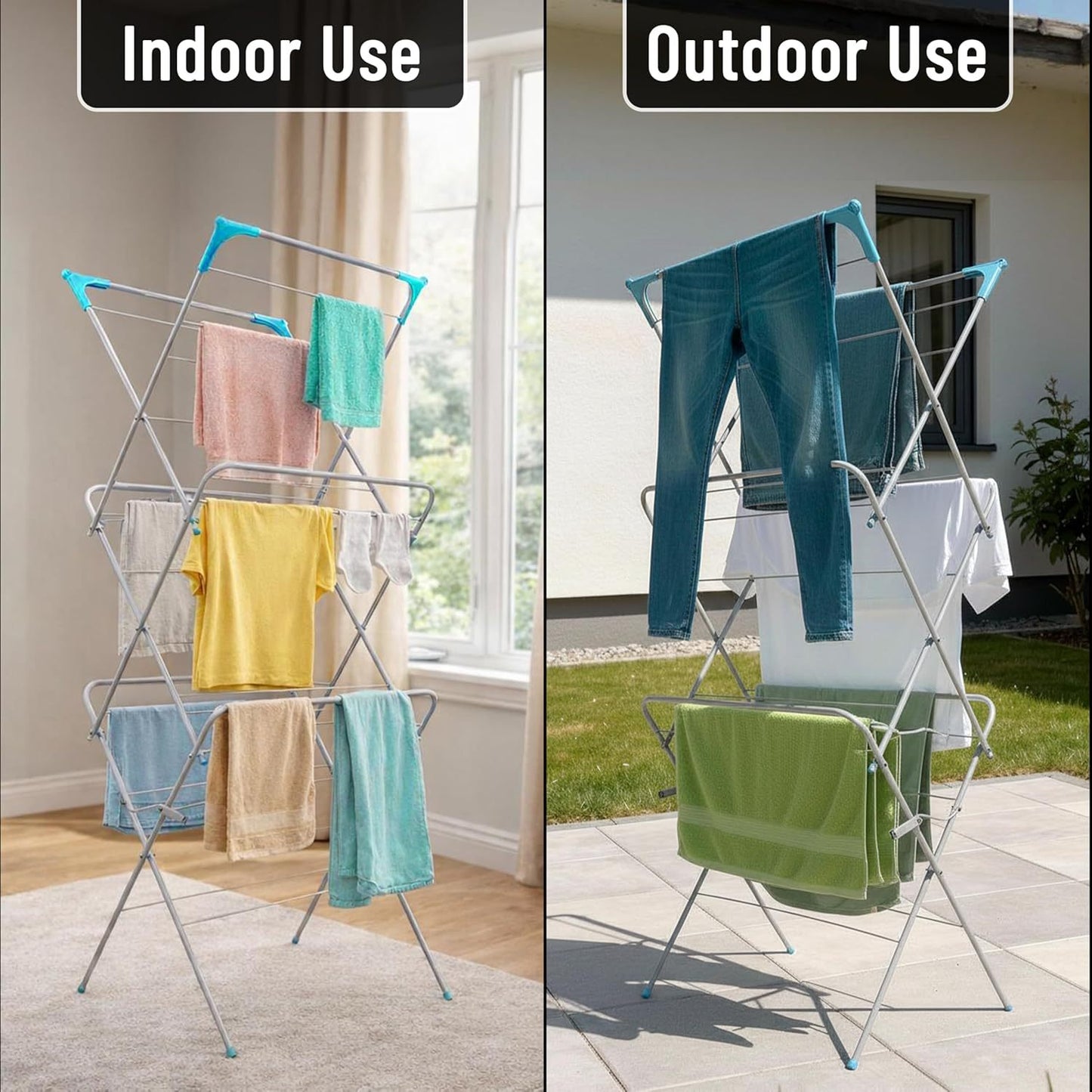 UTTAM Clothes Airer Alloy Steel Foldable Design : Sturdy with Corner Hooks and Sock Dryer - 15M / 15KG Drying Capacity (1, Grey)