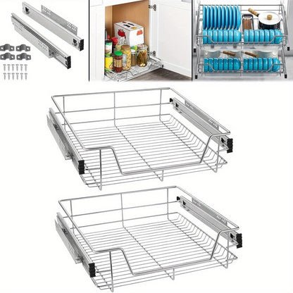 Slide-Out Wire Storage Baskets - Set of 2 or 4, Chrome Organiser Drawers for Kitchen Cabinets, Pantry & Bathroom (Fits Base Units)