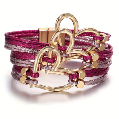 Big Love Heart Braided Faux Leather Bracelet Women'S Glitter Filled Bangle Jewelry Valentine'S Day Gift Birthday Gift