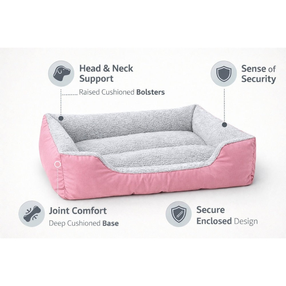 Washable Dog Bed with Bolster Sides Teddy Sherpa Fleece Waterproof Outer Non-Slip Base for Small Medium Large Dogs & Cats Indoor Outdoor Use Available in 6 Sizes & 3 Colours