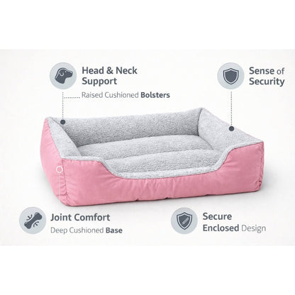 Washable Dog Bed with Bolster Sides Teddy Sherpa Fleece Waterproof Outer Non-Slip Base for Small Medium Large Dogs & Cats Indoor Outdoor Use Available in 6 Sizes & 3 Colours