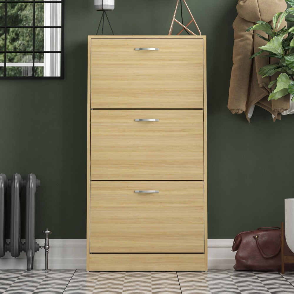 3 Drawer Shoe Cabinet with Stainless Steel Handles – Hallway Shoe Storage Cupboard, Holds 9–12 Pairs, Modern Slim Shoe Rack for Entryway Bedroom
