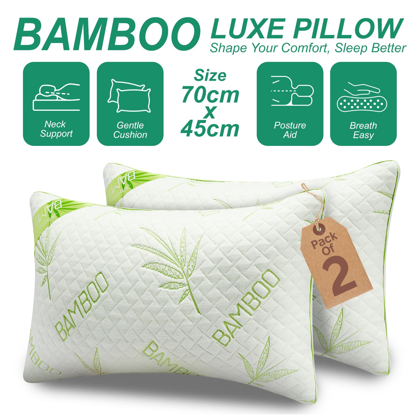 Bamboo Memory Foam Pillow Pack of 2 | Medium Firm Support for Neck & Shoulder Comfort | Soft & Breathable | 50x75cm | Ideal for Side, Back, and Stomach Sleepers | Removable Zip Cover | Durable Viscose Elastic Foam