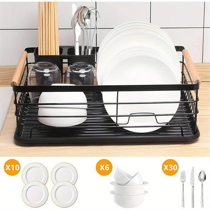 Dish Drainer Rack with Removable Drip Tray - Large Space Saving Kitchen Drying Rack for Plates, Bowls & Cutlery Metal Frame with Wooden Handles (BLACK)