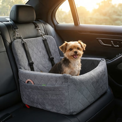 Dog And Cat Booster Car Seat with 3-Strap Safety System | Plush Memory Foam Bed And Removable Washable Cover | Non-Slip Base for Car Travel, Road Trips, And Outdoor Adventures