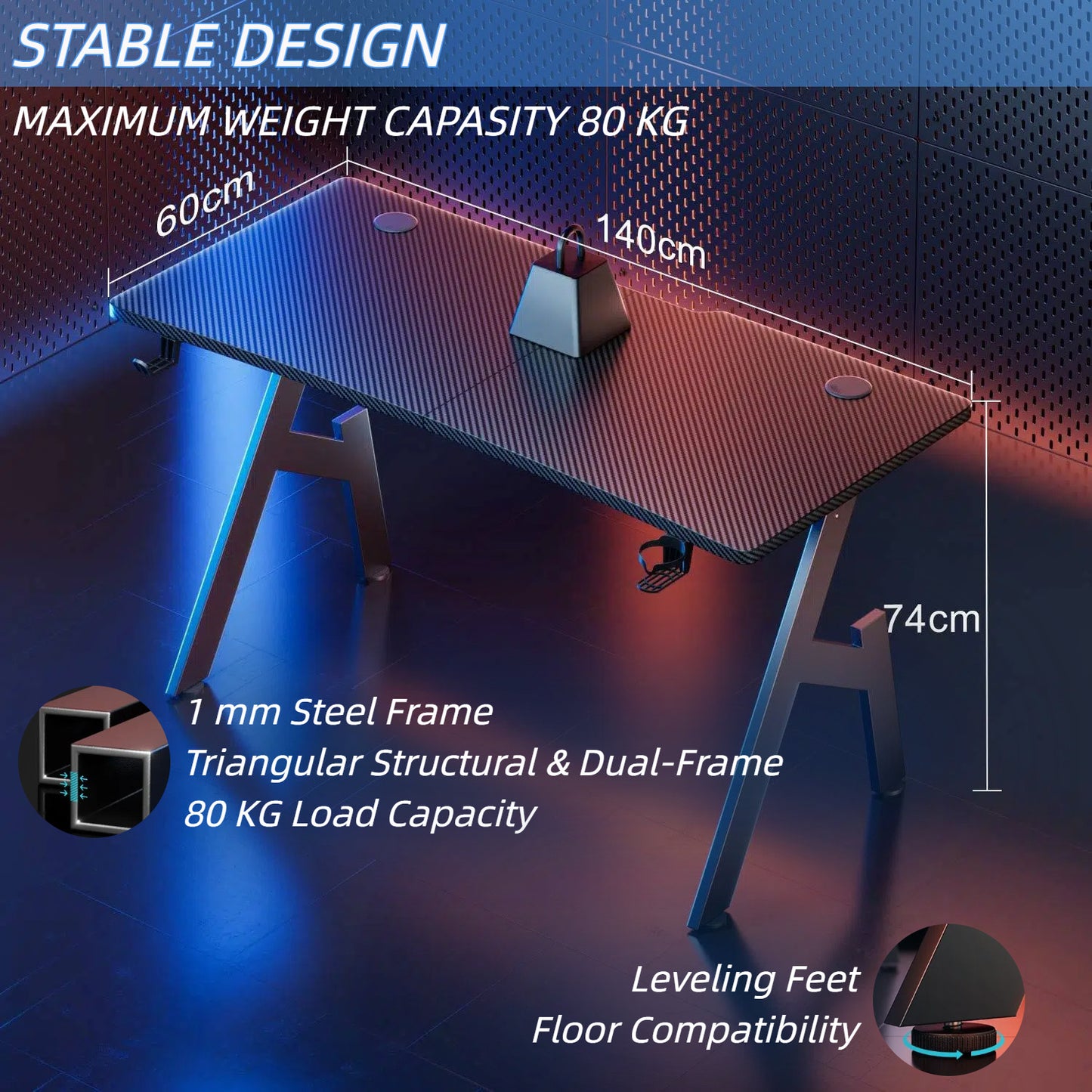 Gaming Desk, Computer Gaming Desk, Gaming PC Desk for Home Office, A Shaped Gaming Table with Cup Holder and Headphone Hook, Simple Assembly, Black