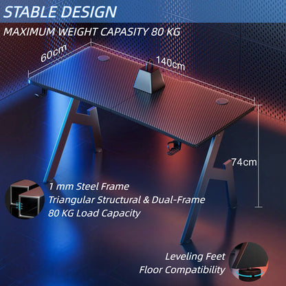 Gaming Desk, Computer Gaming Desk, Gaming PC Desk for Home Office, A Shaped Gaming Table with Cup Holder and Headphone Hook, Simple Assembly, Black