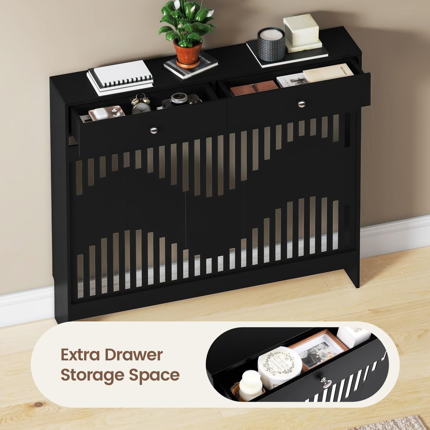 Modern White MDF Wood Radiator Cover with Drawers - Contemporary Style, Great Choice for Living Room, Bedroom, Hallway, Suitable for Placing Decorative Items and Storing Small Objects.