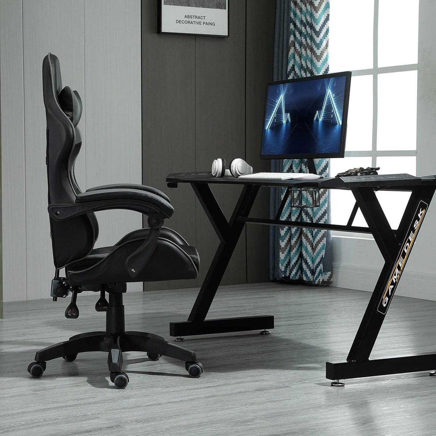 mcc direct Swivel Faux Leather Office Chair Racing Sports Gaming Tilt Computer Desk Chair with Headrest & Lumbar Cushion A
