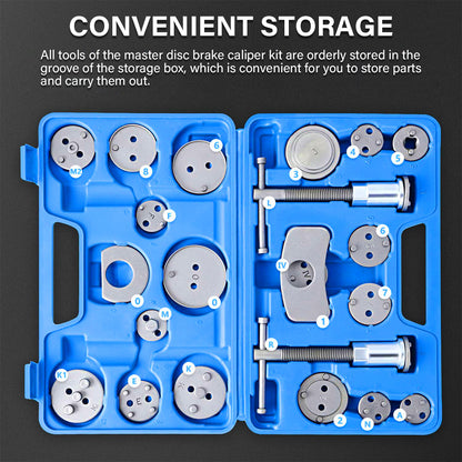 Universal New Brake Caliper Piston Rewind Wind Back Tool Kit Set 23pcs Disc Brake Caliper Compression Tool Kit And Piston Wind Back Tool with Case for Brake Pad Replacement Reset, Professional Heavy Duty Car Brake Caliper Compression Universal Tool