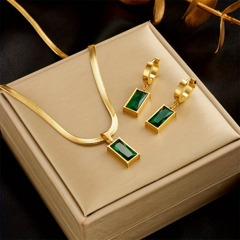 Stainless Steel Rectangular Green Synthetic Zirconia Snake Bone Necklace and Earring Set, Unisex Collarbone Chain with Synthetic Zirconia Pendant and Earrings, Banquet Jewelry Set (No Gift Box). Necklace and Earrings Can Be Purchased as a Set or