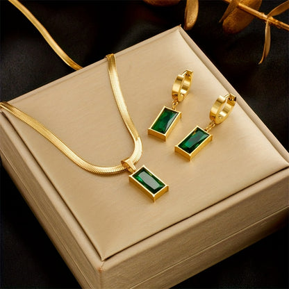 Stainless Steel Rectangular Green Synthetic Zirconia Snake Bone Necklace and Earring Set, Unisex Collarbone Chain with Synthetic Zirconia Pendant and Earrings, Banquet Jewelry Set (No Gift Box). Necklace and Earrings Can Be Purchased as a Set or
