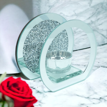 SERENA'S ® Elegant Crushed Diamond Crystal Tealight Candle Holder with Clear Silver Mirror Glass – Decorative Glass Walls for Home Decor and Special Occasions